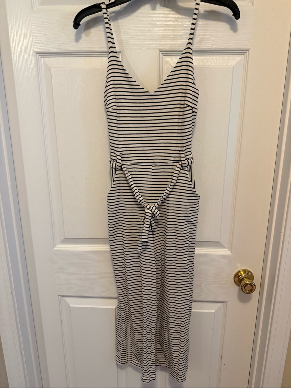 Striped Sleeveless Tie-Waist Jumpsuit - Black & White
